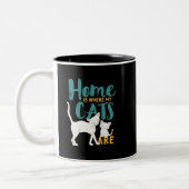 猫おもしろいユーモアの家は猫がいる場所 ツートーンマグカップ (左)