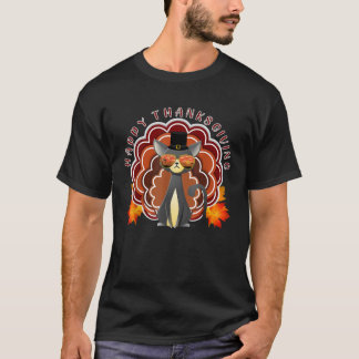 猫おもしろい七面鳥ハッピーサンクスギビングTシャツ Tシャツ