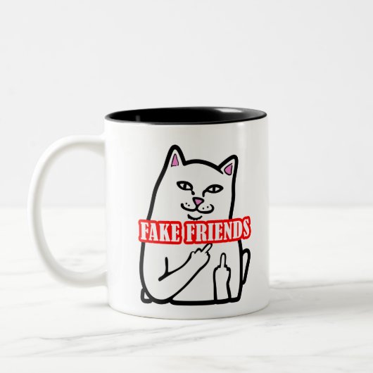 猫おもしろい中指フェイクフレンド ツートーンマグカップ (左)