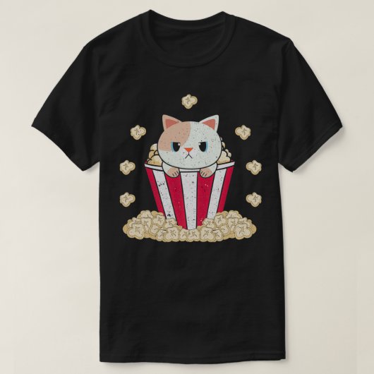 猫おもしろい動物ポップコーンプルオーバー Tシャツ (デザイン正面)