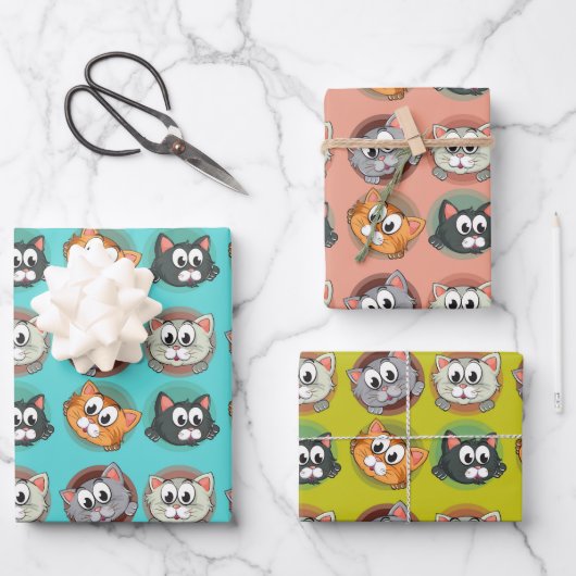 猫おもしろい包装紙セット3 ラッピングペーパーシート (正面)