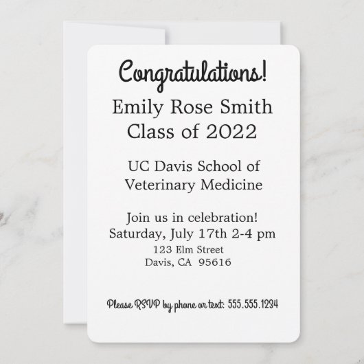 猫おもしろい卒業発表又は卒業パーティー 招待状 (裏面)