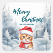 猫おもしろい子猫メリークリスマスツリー雪ホリデーパーティー スクエアシール (正面)