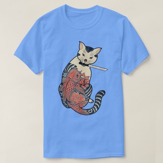 猫おもしろい日本猫サムライ猫アー日本のレッド Tシャツ (デザイン正面)