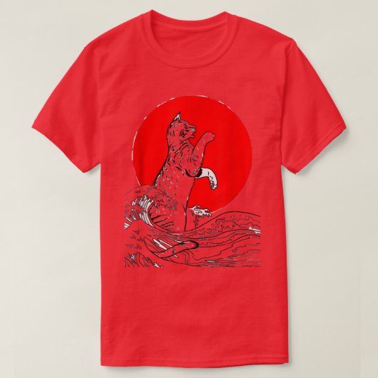 猫おもしろい日本猫サムライ猫アー日本のレッド Tシャツ (デザイン正面)