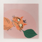 猫おもしろい植物の葉漫画 ジグソーパズル (横)