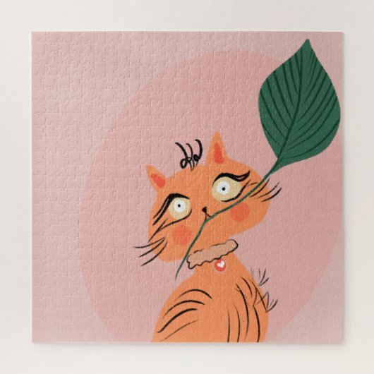 猫おもしろい植物の葉漫画 ジグソーパズル (縦)