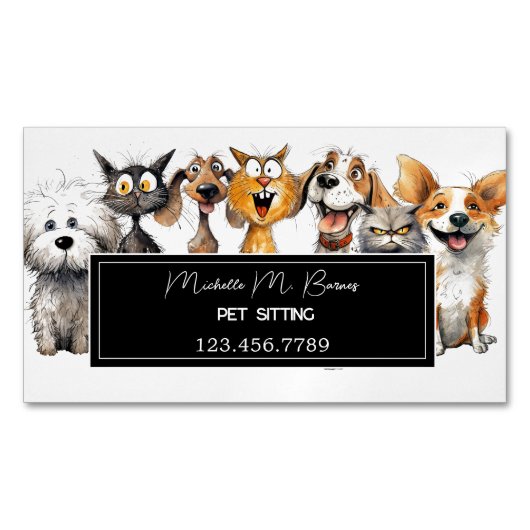 猫おもしろい熱狂する犬と動物の気にペットシッター マグネット名刺 (正面)