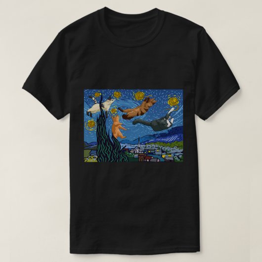 猫おもしろい猫の星の夜の猫絵を描のキュートアート Tシャツ (デザイン正面)
