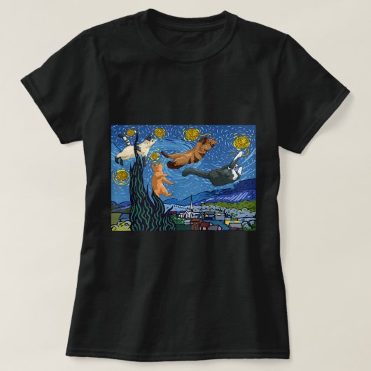 猫おもしろい猫の星の夜の猫絵を描のキュートアート Tシャツ (デザイン正面)