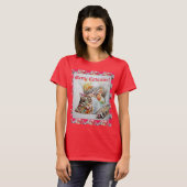 猫おもしろい猫メリーのクリスマス赤い女性Tシャツ Tシャツ (正面フル)