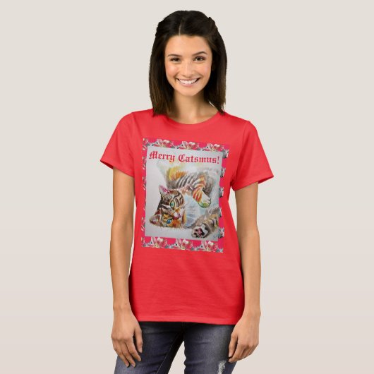 猫おもしろい猫メリーのクリスマス赤い女性Tシャツ Tシャツ (正面フル)