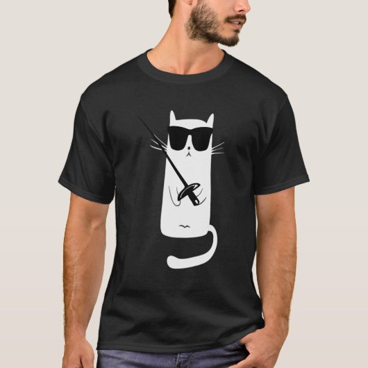 猫おもしろい着用サングラスフェンシング Tシャツ (正面)