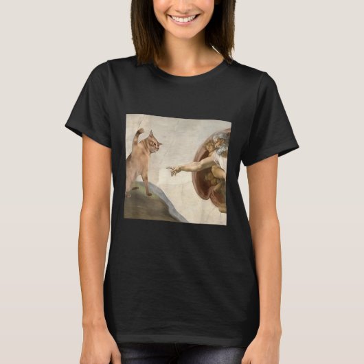 猫おもしろい神の創造アダムミームイエス Tシャツ (正面)