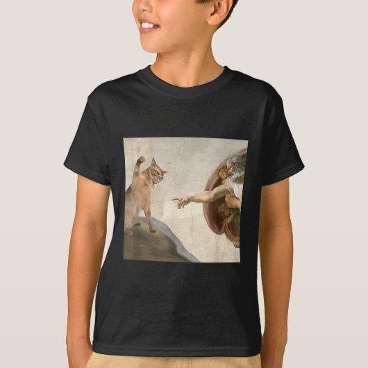 猫おもしろい神の創造アダムミームイエス Tシャツ (正面)