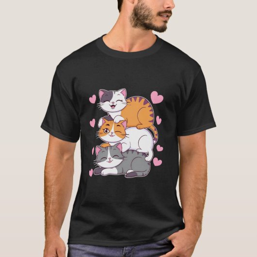 猫おもしろい積み重ね子猫かわいい猫かわいいかわいい Tシャツ (正面)