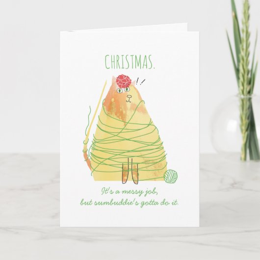 猫おもしろい絡み糸編み物クロシェ・クリスマス シーズンカード (正面)