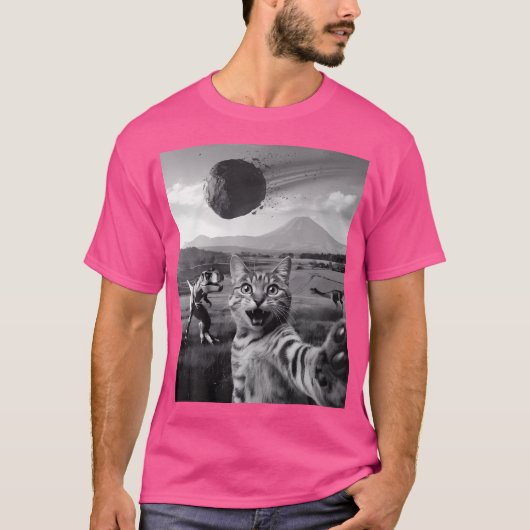 猫おもしろい自撮り恐竜の隕石好奇心 Tシャツ (正面)