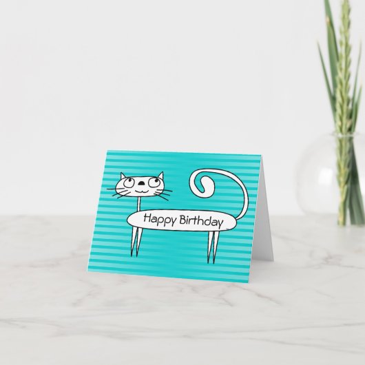猫おもしろい誕生日カードティール（緑がかった色） カード (正面)