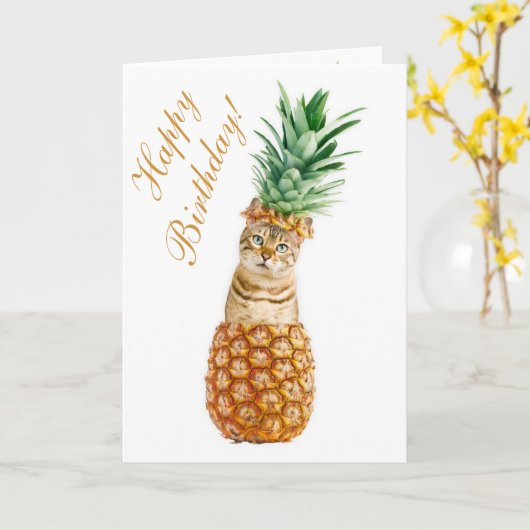 猫おもしろい誕生日カード – パイナップルのかわいい猫 カード (黄色い花)