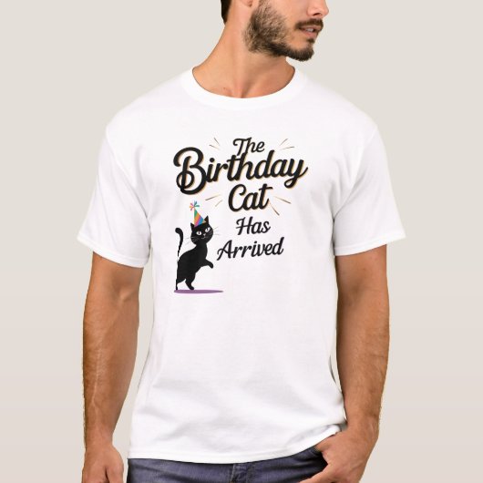 猫おもしろい誕生日パーティー到着 Tシャツ (正面)