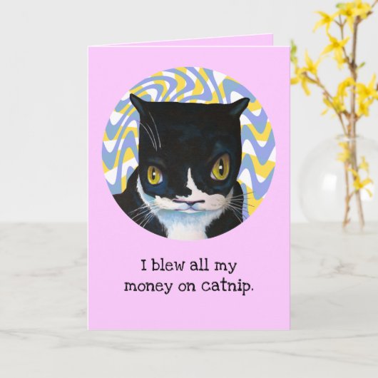 猫おもしろい誕生日 カード (黄色い花)