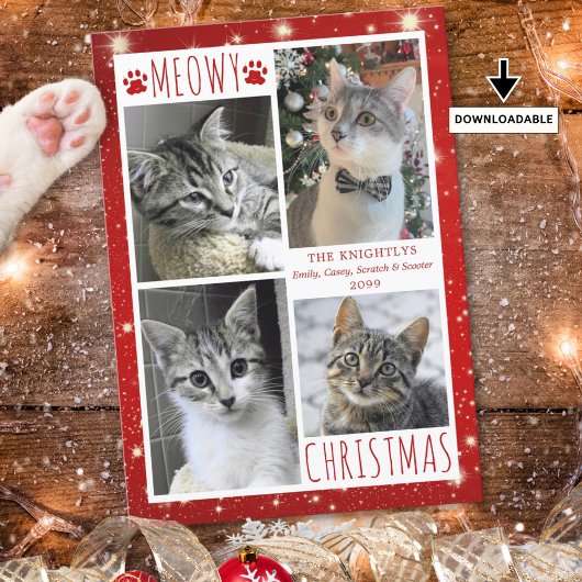 猫おもしろい赤MEOWYクリスマス4枚の写真 シーズンカード