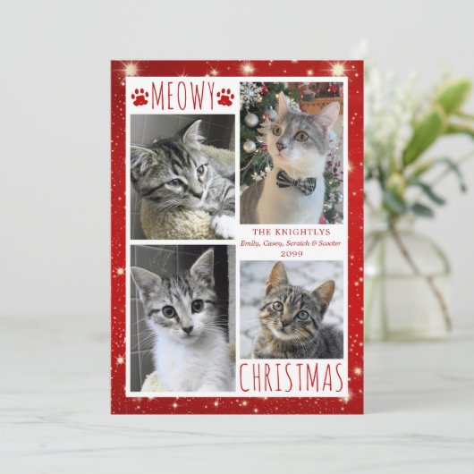 猫おもしろい赤MEOWYクリスマス4枚の写真 シーズンカード (スタンド正面)