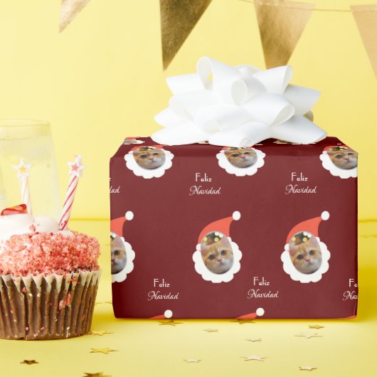 猫おもしろい顔メリークリスマススペインの写真 ラッピングペーパー (誕生日パーティー)