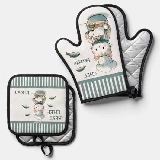 猫おもしろい魚シーフードシェフ 鍋つかみ&鍋敷きセット (正面/裏面)