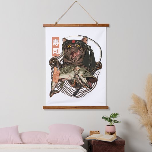 猫おもしろい魚釣り日本の 吊り下げ型タペストリー (寝室)