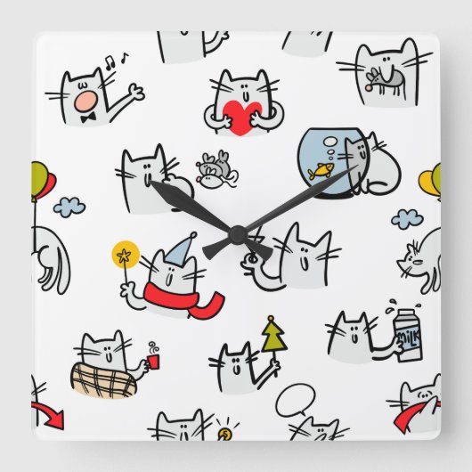 猫おもしろい、ミルク、魔法。 スクエア壁時計 (正面)