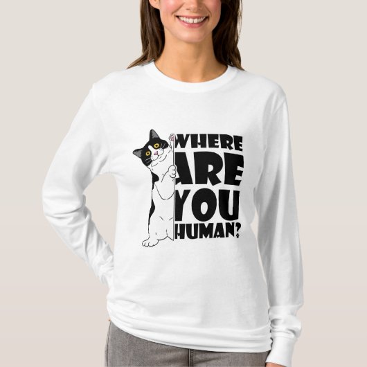 猫おもしろい：人間は？ Tシャツ (正面)