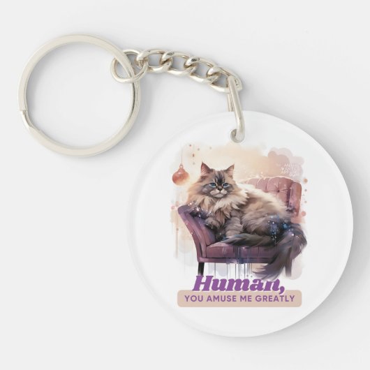 猫おもしろい「人間、私を大いに楽しませる」 キーホルダー (正面)