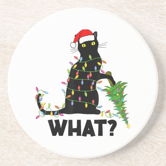 猫おもしろいChにクリスマスツリーを押し付ける黒猫 コースター (正面)