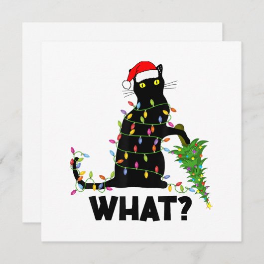 猫おもしろいChにクリスマスツリーを押し付ける黒猫 サンキューカード (正面/裏面)