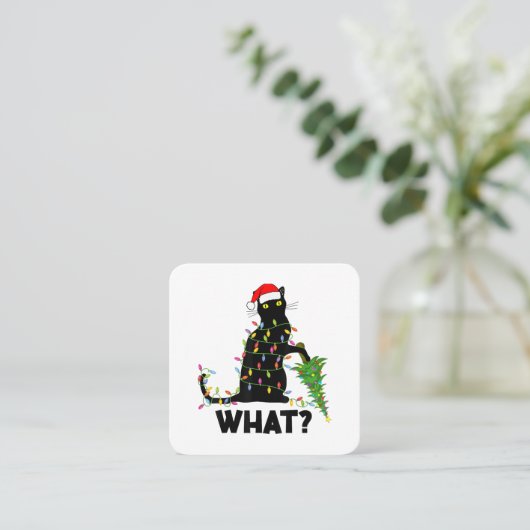 猫おもしろいChにクリスマスツリーを押し付ける黒猫 スクエア名刺 (スタンド正面)