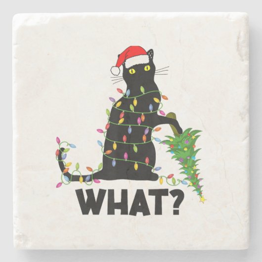 猫おもしろいChにクリスマスツリーを押し付ける黒猫 ストーンコースター (正面)