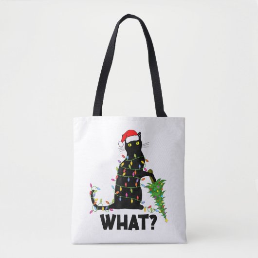 猫おもしろいChにクリスマスツリーを押し付ける黒猫 トートバッグ (正面)