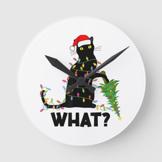 猫おもしろいChにクリスマスツリーを押し付ける黒猫 ラウンド壁時計 (正面)