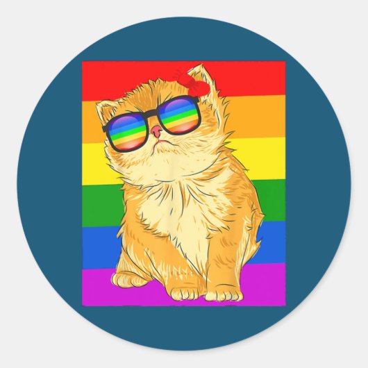 猫おもしろいLGBTゲイレインボープライド国旗 ラウンドシール (正面)