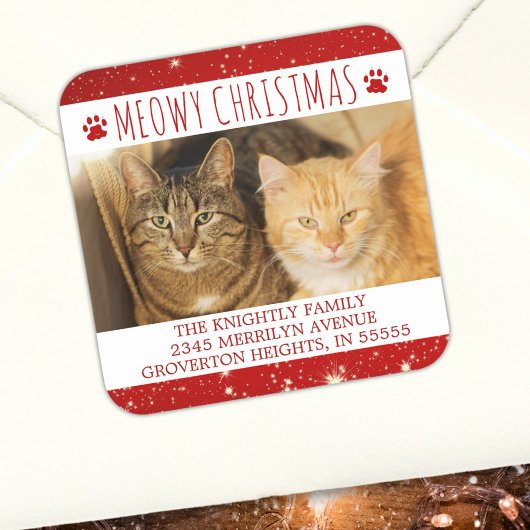猫おもしろいMEOWY CHRISTMAS PHOTO Red差出人住所 スクエアシール
