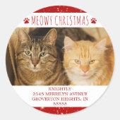 猫おもしろいMEOWY CHRISTMAS PHOTO Red差出人住所 ラウンドシール (正面)