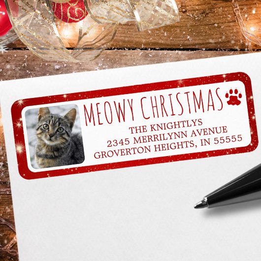 猫おもしろいMEOWY CHRISTMAS PHOTO Red Pawprint ラベル