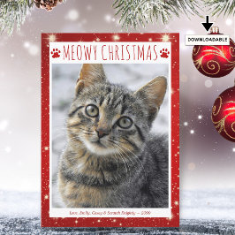 猫おもしろいMEOWY CHRISTMAS PHOTO Red Pawprints シーズンカード