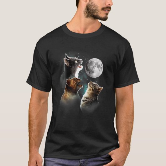 猫おもしろいT、猫が月で鳴く猫好き Tシャツ (正面)