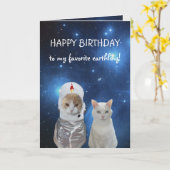 猫おもしろいUFO誕生日 カード (黄色い花)