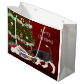 猫およびビーグル犬のクリスマス ラージペーパーバッグ (正面アングル)