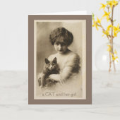猫および彼女の女の子のヴィンテージのメッセージカード カード (黄色い花)