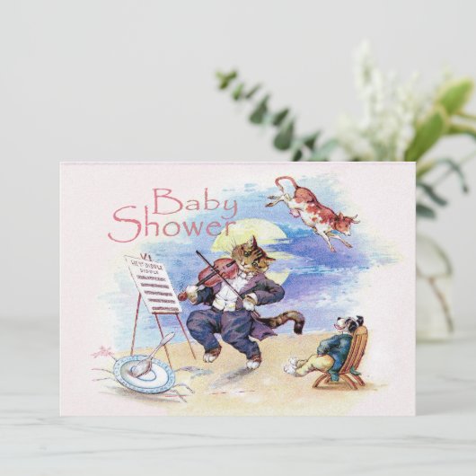 猫および止め枠のベビーシャワーのピンク 招待状 (スタンド正面)